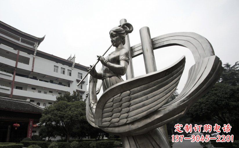南京古典美女不锈钢吹笛子雕塑