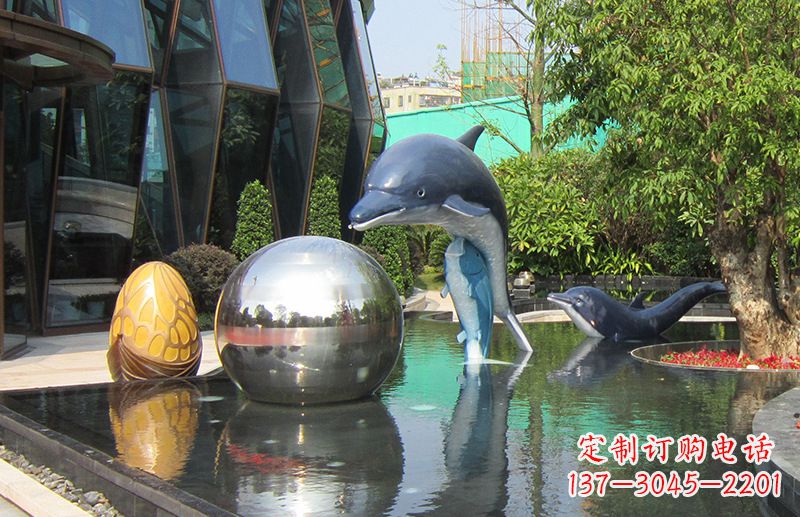 南京不锈钢海豚水景雕塑,企业公园园林创意景观雕塑