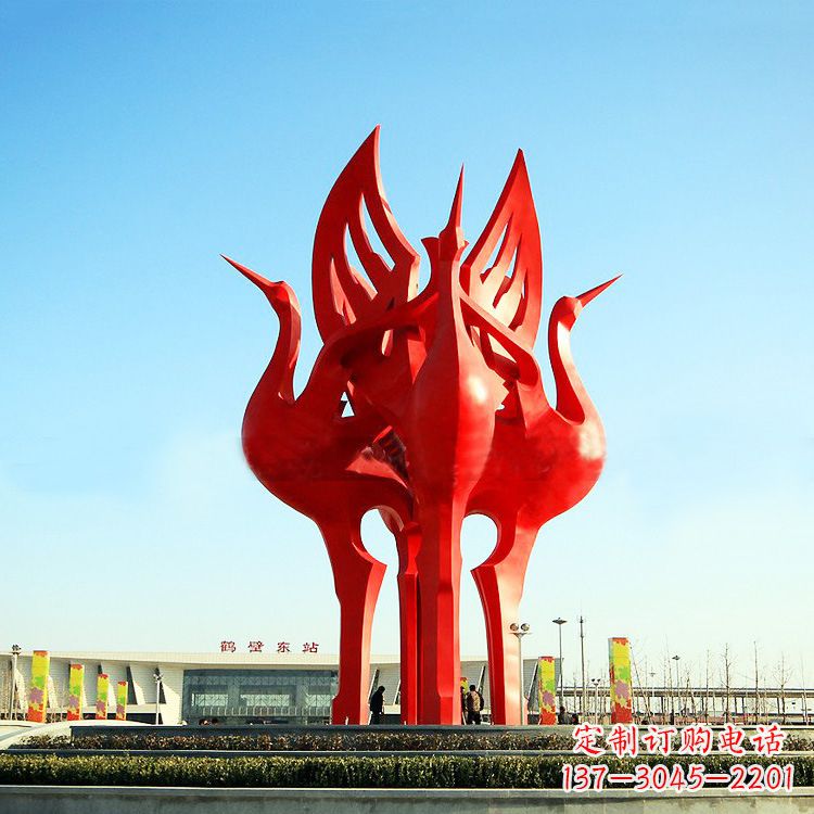 南京城市广场4只展翅欲飞的不锈钢仙鹤动物景观雕塑