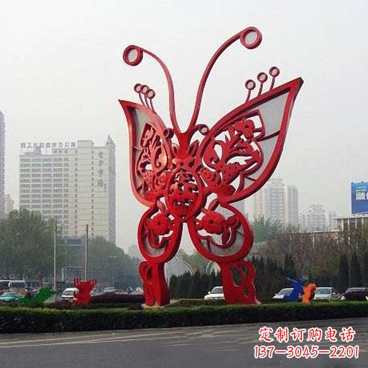 南京城市园林道路绿化带大型红色蝴蝶不锈钢雕塑景观