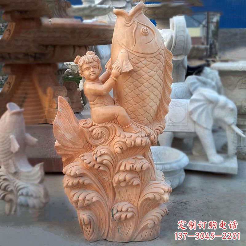 南京大型喷水鲤鱼景观雕塑-晚霞红石雕动物喷泉