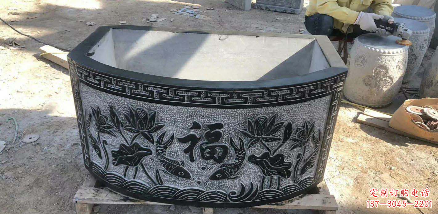 南京精致方口石浮雕水缸雕塑
