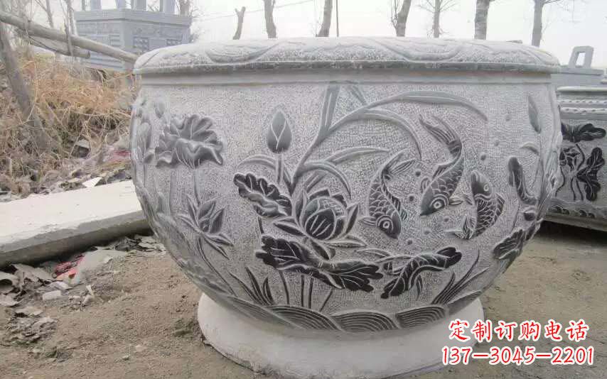 南京仿古雕刻鲤鱼石浮雕水缸