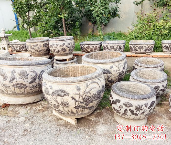 南京仿古石雕鲤鱼浮雕水缸