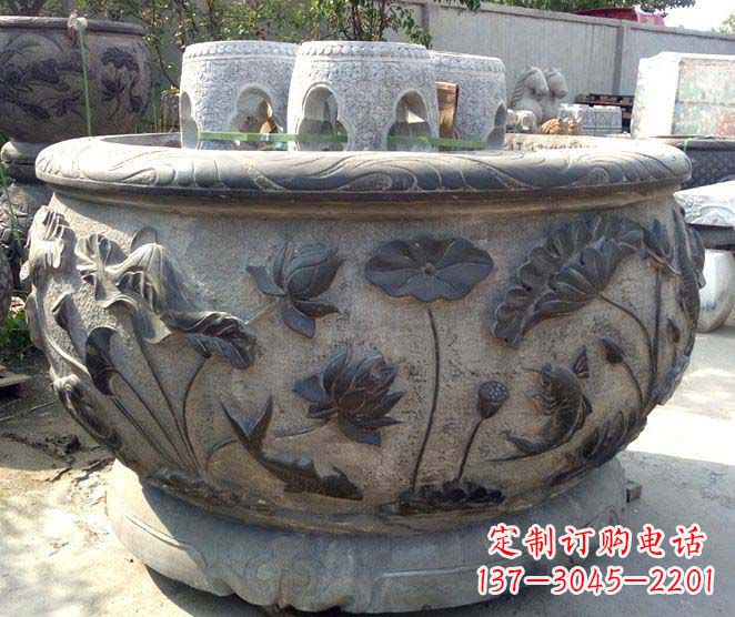 南京精美仿古荷花鲤鱼浮雕石水缸