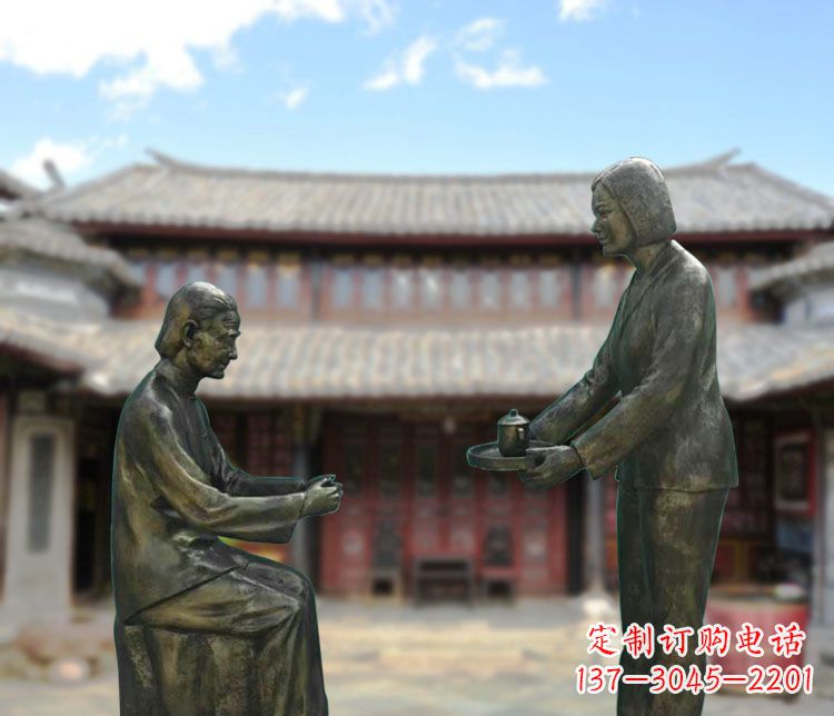 南京给母亲敬茶的女儿铜雕