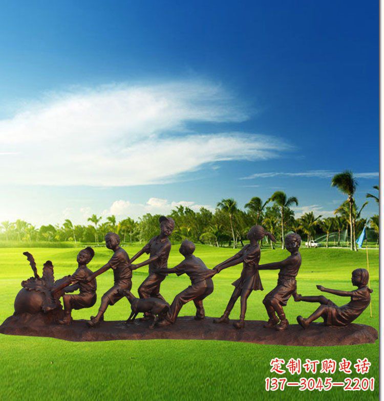 南京公园拔萝卜儿童玻璃钢仿铜雕塑