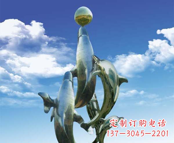 南京公园不锈钢顶球海豚动物雕塑