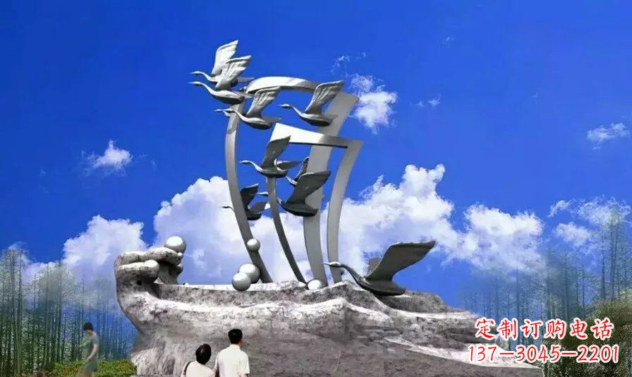 南京艺术家手工制作的不锈钢飞翔天鹅雕塑