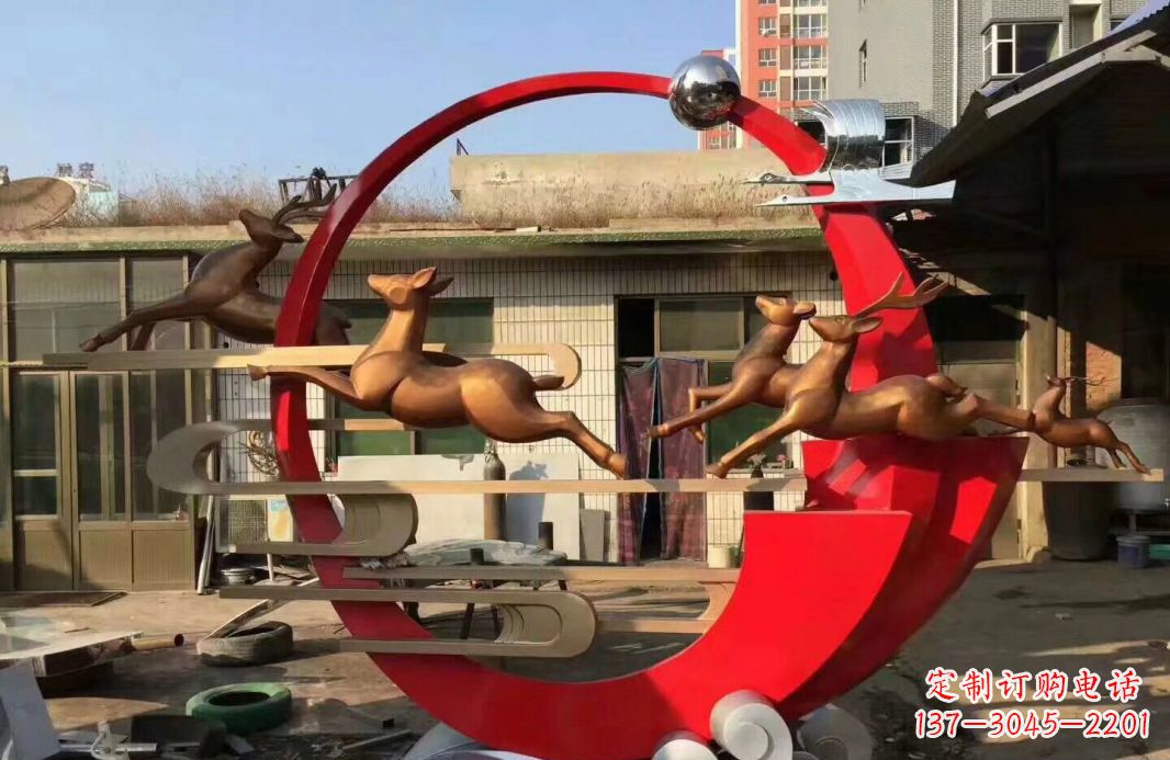 南京公园不锈钢梅花鹿祥云仙鹤雕塑