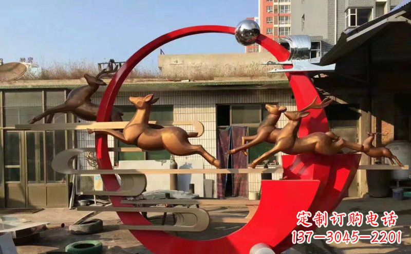 南京公园不锈钢梅花鹿祥云仙鹤雕塑 (2)