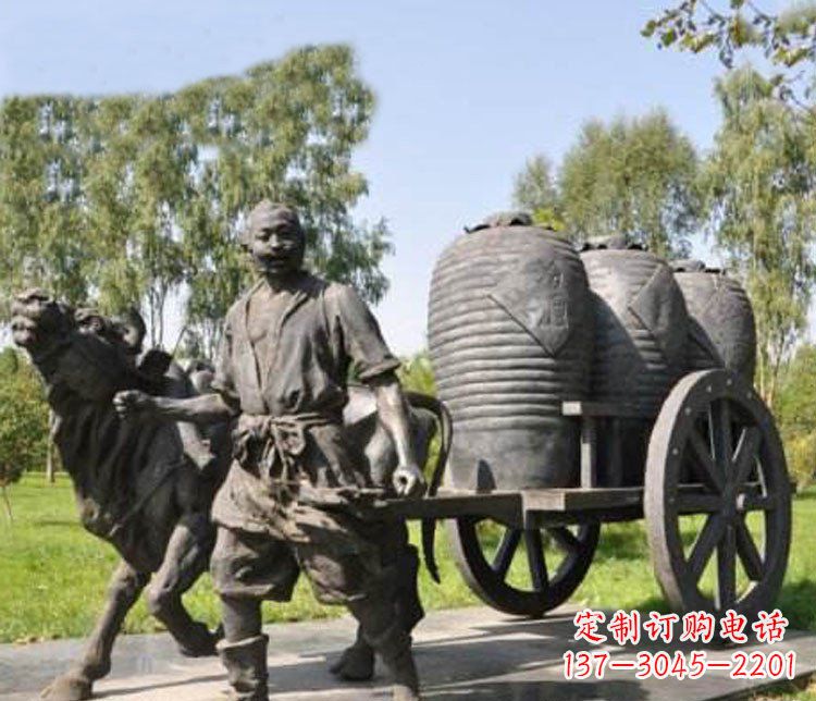 南京公园驾着牛车拉酒缸的古代人物小品铜雕