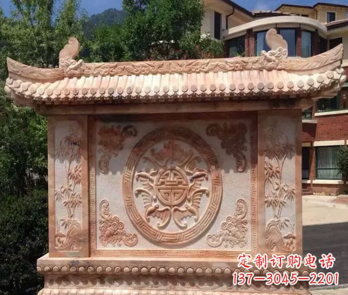 南京中领雕塑-公园晚霞红蝙蝠竹子石影壁雕塑