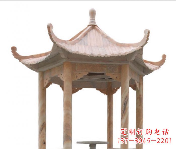 南京美丽而优雅的公园晚霞红六角石凉亭雕塑