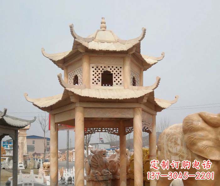 南京红双层六角石凉亭雕塑