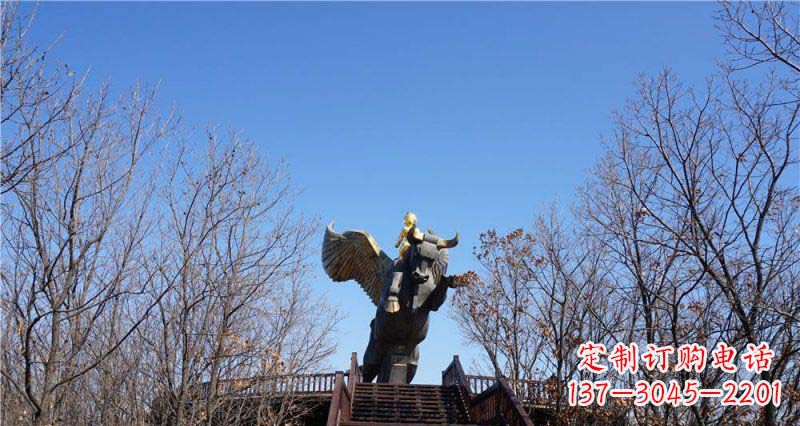 南京精美铜雕雕塑——可爱小男孩站在飞牛上