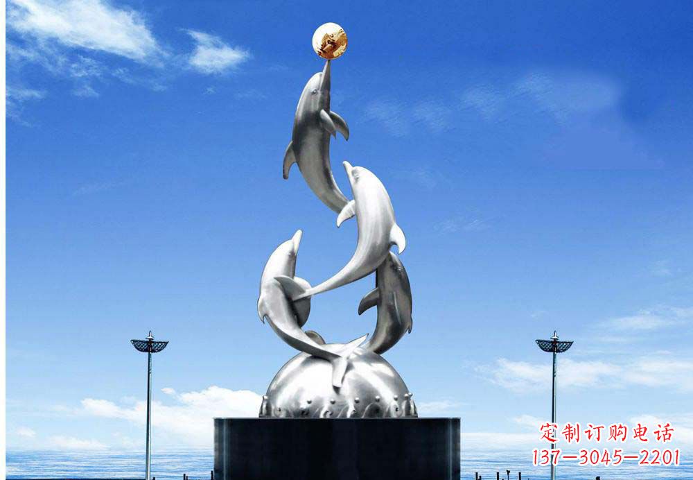南京广场不锈钢海豚顶球雕塑
