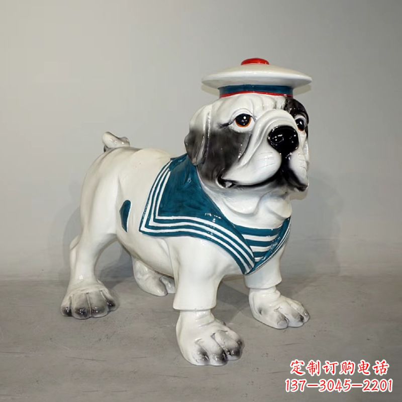 南京海军玻璃钢仿陶瓷斗牛犬狗雕塑