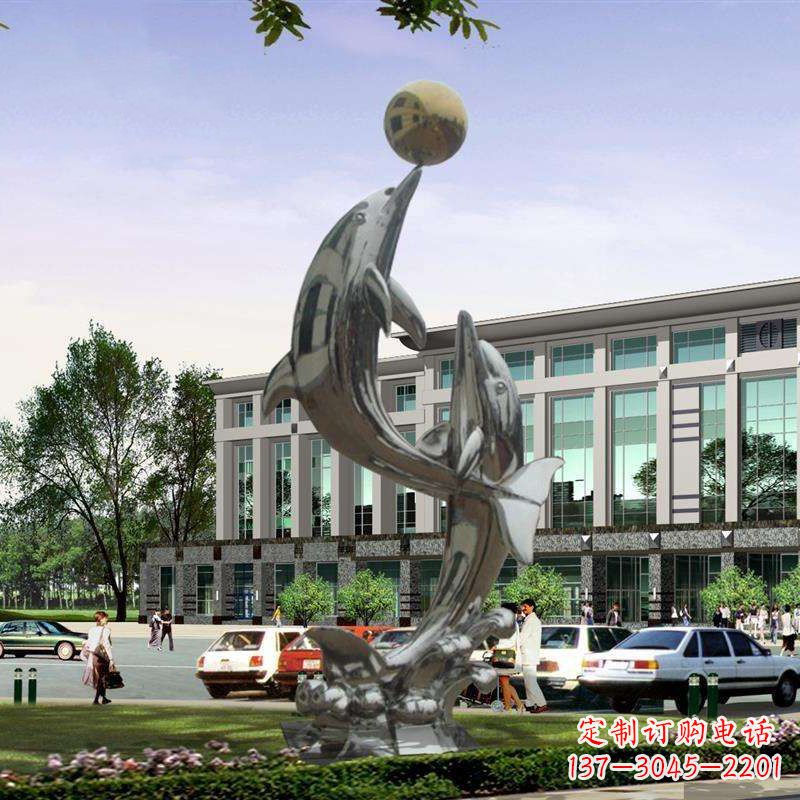 南京不锈钢海豚戏球雕塑,营造清新海岸风情