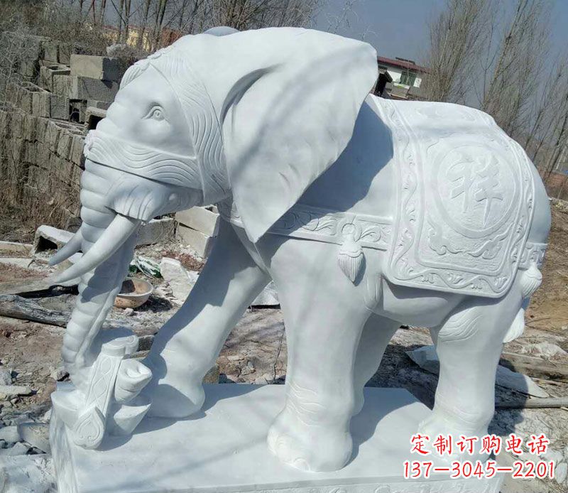 南京汉白玉吉祥门口鼻卷如意大象石雕
