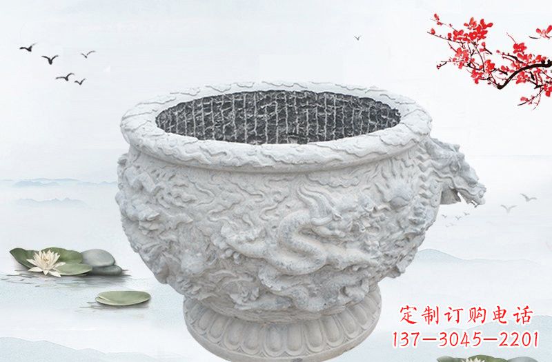 南京汉白玉龙浮雕水缸,传承传统经典