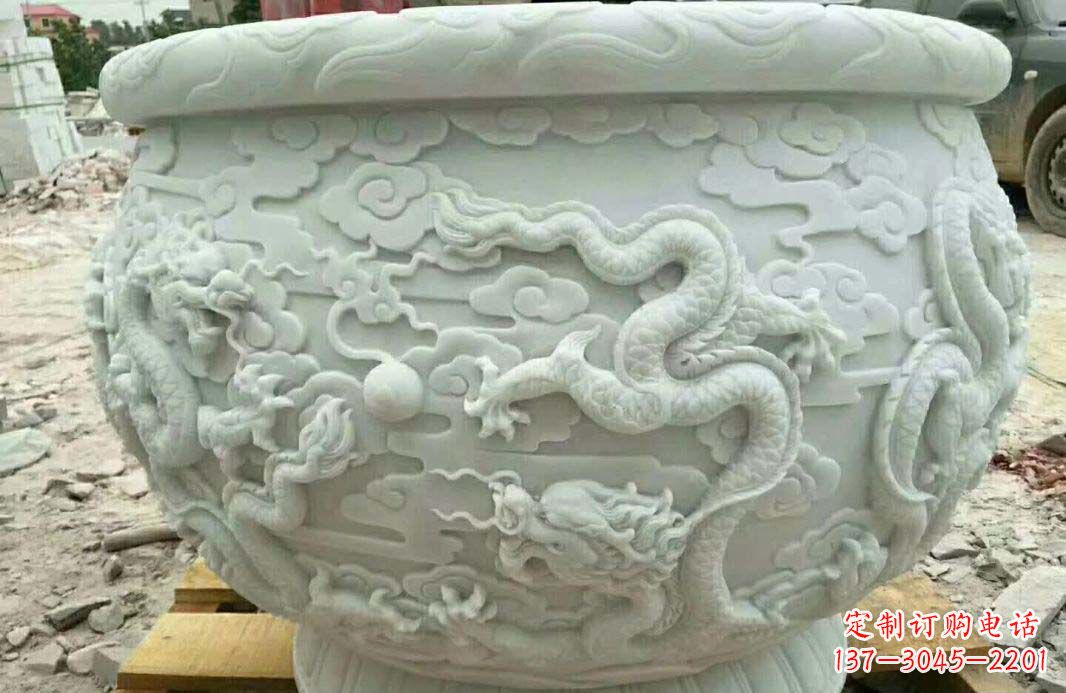 南京汉白玉龙浮雕水缸雕塑