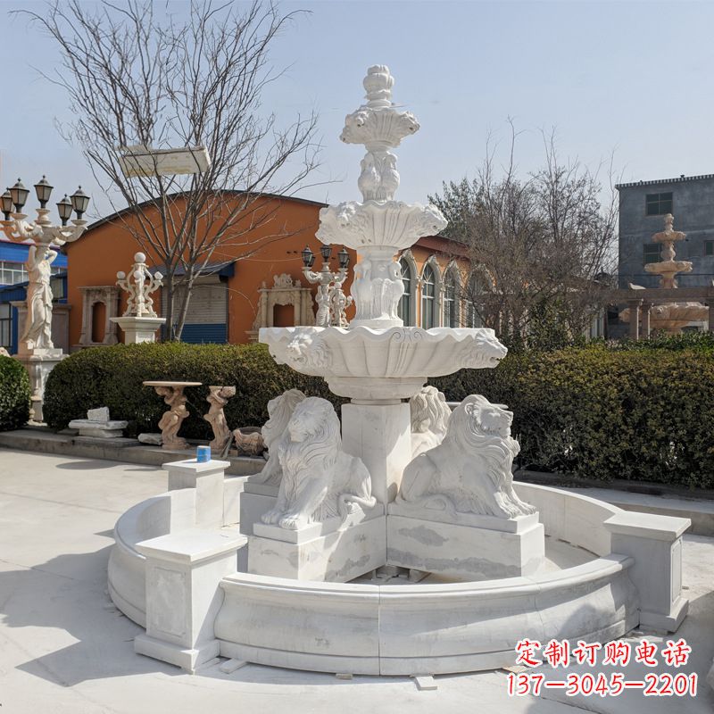 南京定制白玉狮子喷泉雕塑
