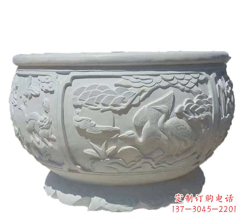南京汉白玉松鹤延年浮雕水缸