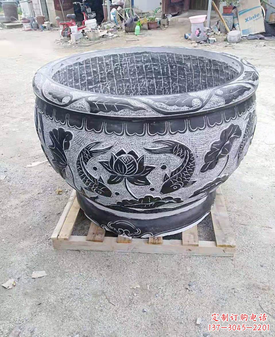 南京荷花鲤鱼浮雕石头水缸鱼缸