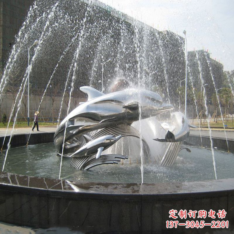 南京镜面不锈钢海豚喷泉睡觉动物雕塑