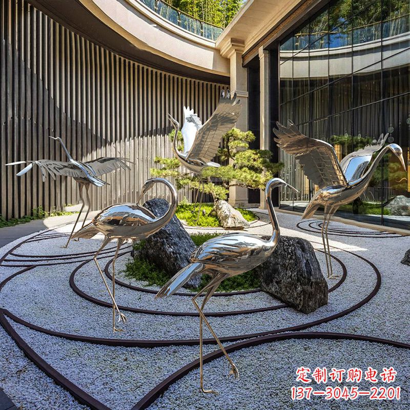 南京镜面不锈钢仙鹤雕塑,别墅庭院室内动物装饰摆件