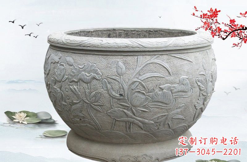 南京连年有余浮雕水缸石雕