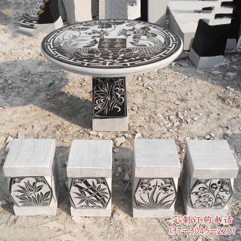 南京梅兰竹菊仿古方石桌凳雕塑,古朴典雅