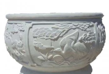 南京汉白玉松鹤延年浮雕水缸，带给您无尽的岁月美景