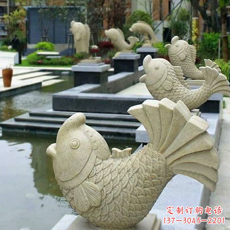 南京喷水鱼砂岩石雕-园林水池雕塑