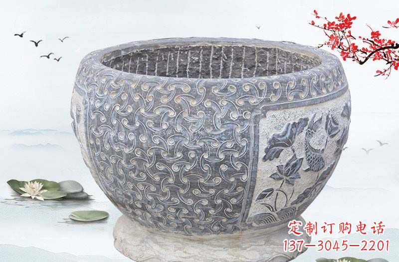 南京青石仿古鲤鱼浮雕水缸,精致雕塑设计