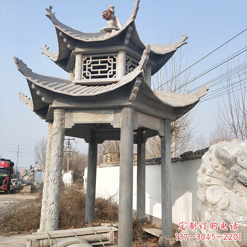 南京典雅精美的青石六角石凉亭雕塑