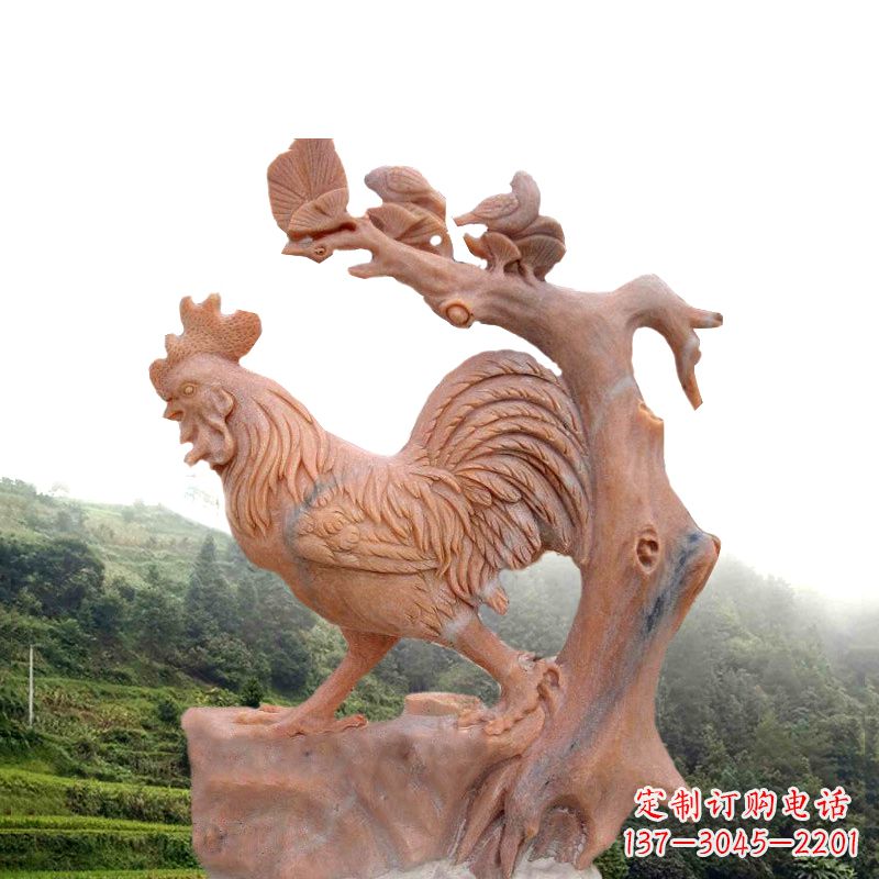 南京生肖动物酉鸡晚霞红石雕