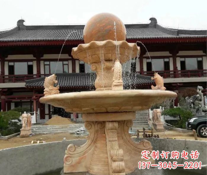 南京双层风水球喷泉晚霞红石雕