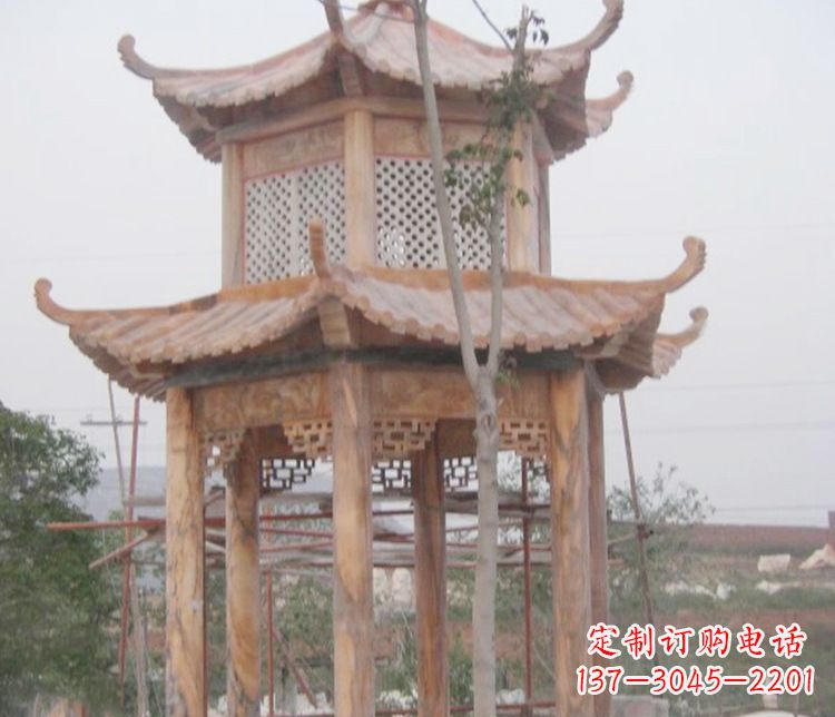 南京双层晚霞红石凉亭石雕 (2)