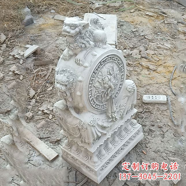 南京双龙石雕门墩汉白玉狮子头