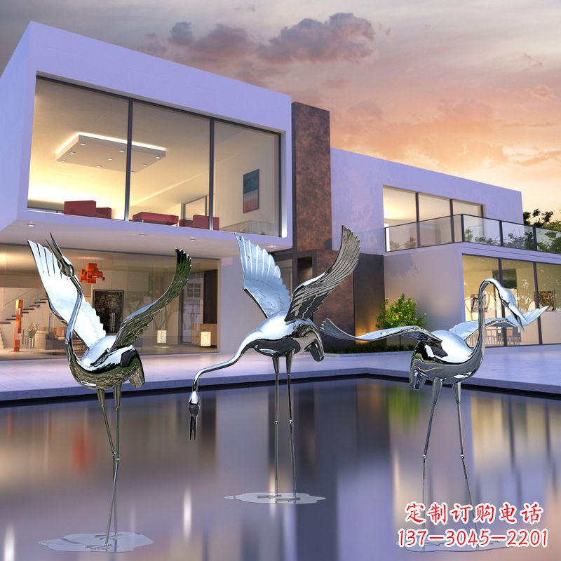 南京水景仙鹤不锈钢镜面雕塑