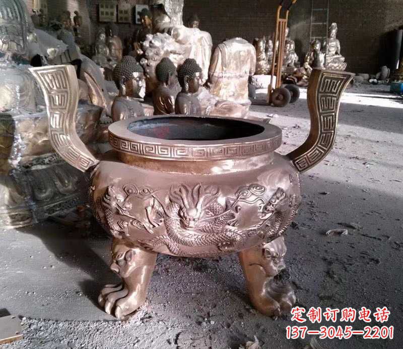 南京寺庙龙浮雕圆铜雕香炉