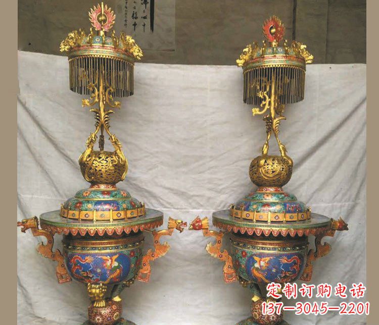 南京铜雕彩绘香炉景观摆件