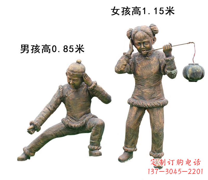 南京铜雕放鞭炮的儿童童趣雕塑