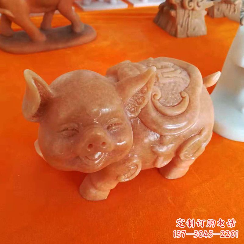 南京晚霞红大理石招财猪雕塑-企业商场创意生肖动物风水摆件