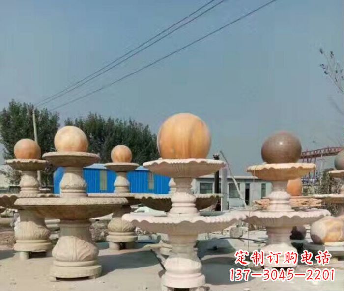 南京晚霞红多层风水球喷泉石雕