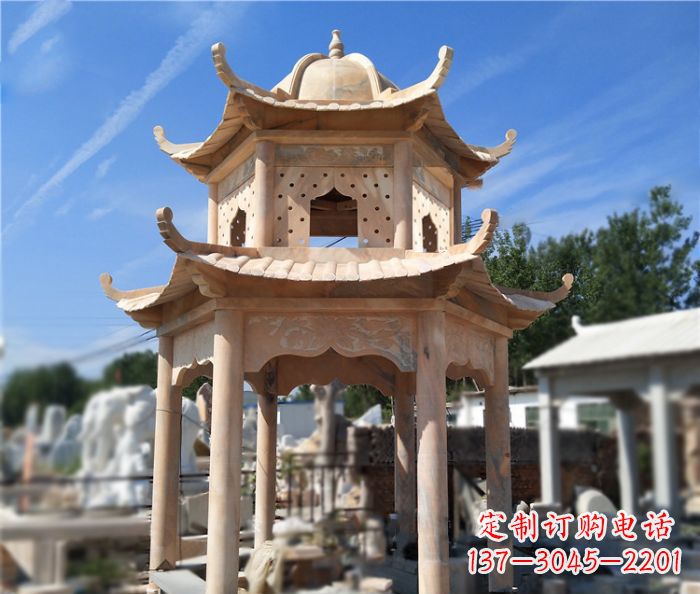 南京晚霞红公园双层六角凉亭石雕