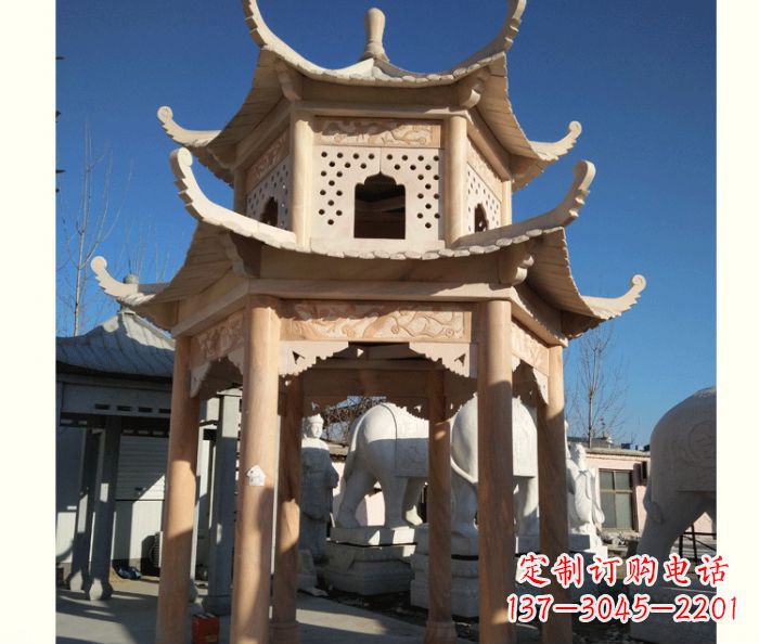 南京晚霞红公园双层六角凉亭石雕 (2)