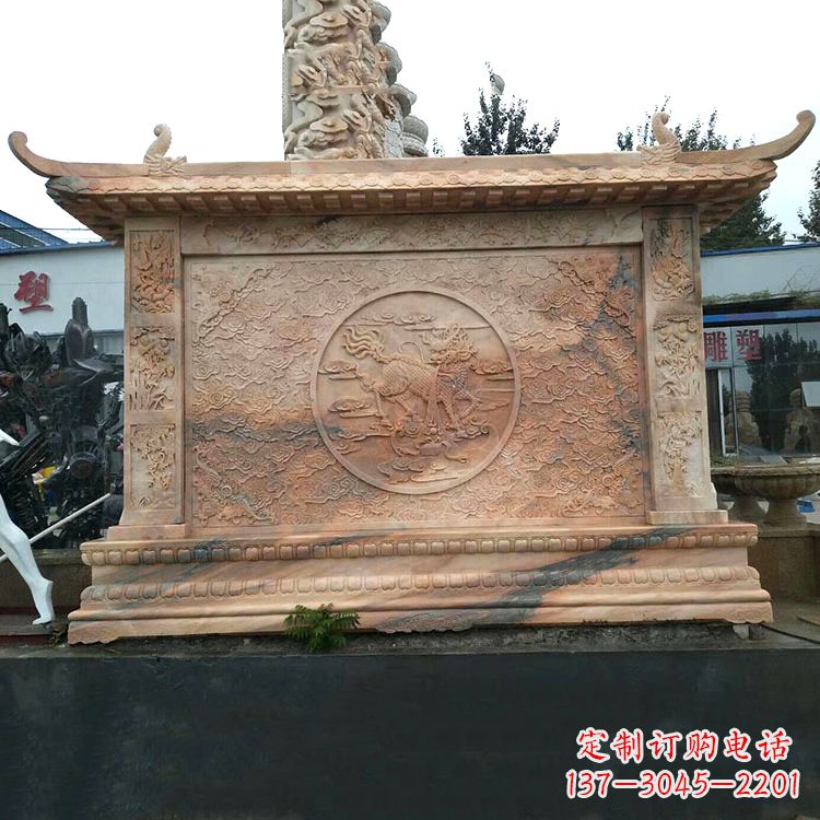 南京晚霞红麒麟影壁墙石雕